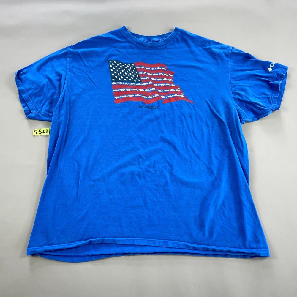 Columbia PFG Mens Blue American Flag Fish Graphic T-Shirt XXL Short Sleeve Tee